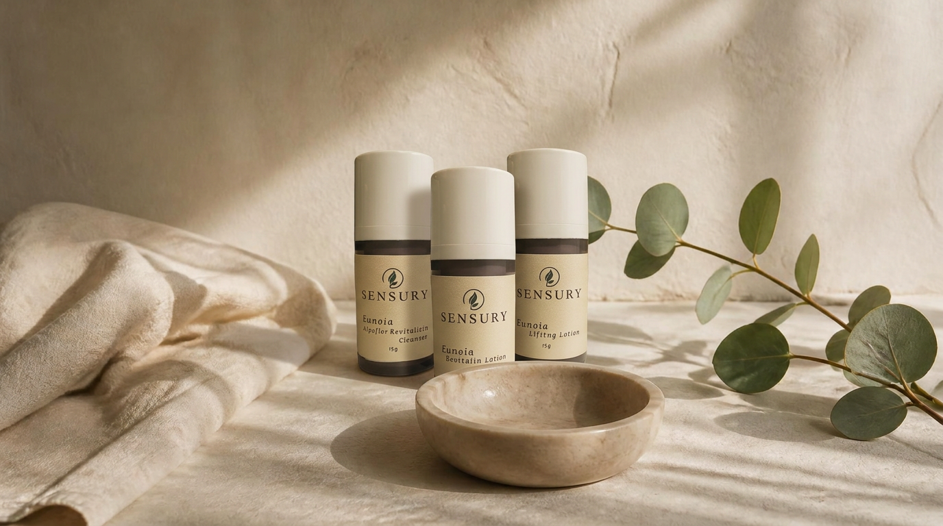 The three Eunoia formulas on a warm stone ledge beside eucalyptus